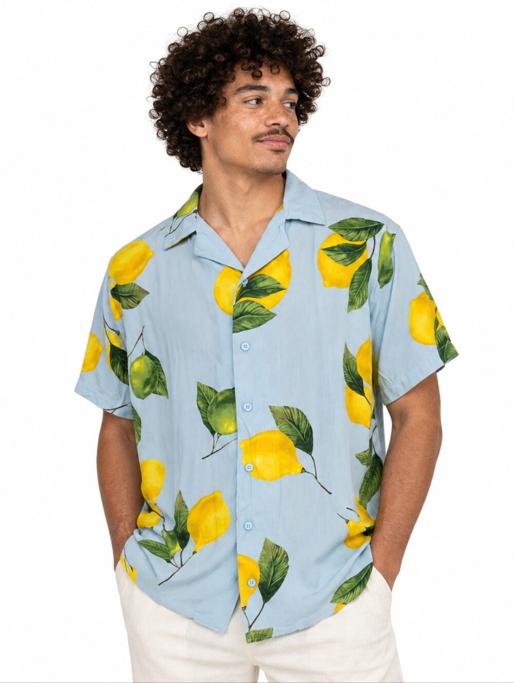 Original Use Button Up Shirt L Blue Lemon Print 100% Rayon Camp Collar